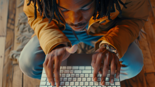 African American boy edits video on iPad