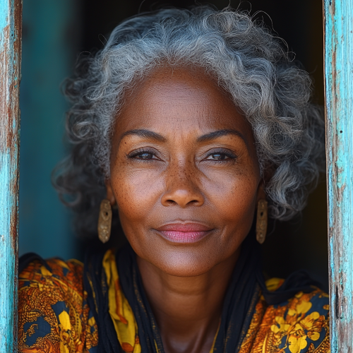 African Caribbean lady with Asian features, slight moon face