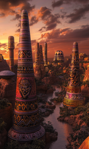 African Sunset with Ancient-inspired Inflatable Landmarks
