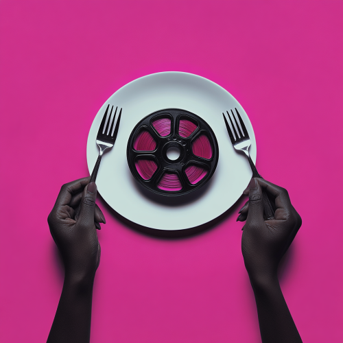 African hands with cutlery on film reel plate