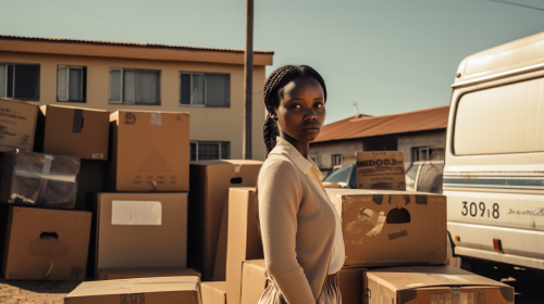 African student girl in front of moving van
