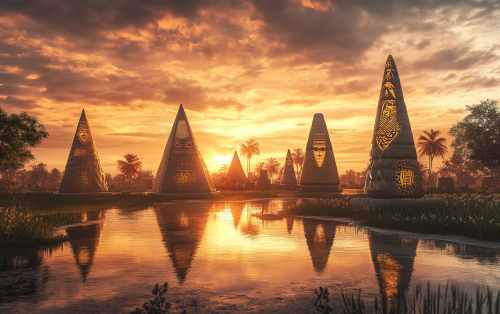 African sunset with ancient structures and vibrant patterns