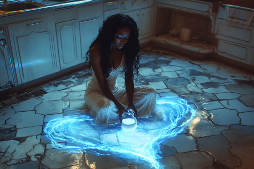 African woman cries milk on heart-shaped kitchen floor