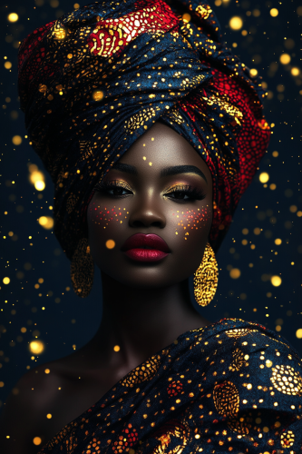 African woman in tribal patterns surrounded by gold dots.
