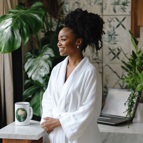 African woman in white robe smiling in plant bathroom.