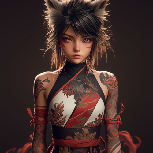Aggressive kitsune girl in red and white kimono.