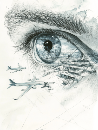 Airport view through man's eye sketch cover