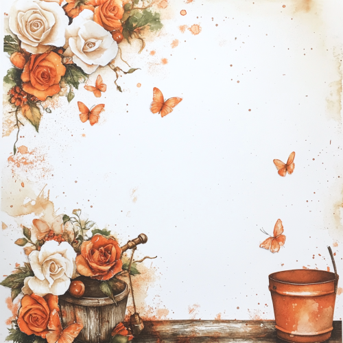 Alcohol ink border with roses, well, butterflies stationery.