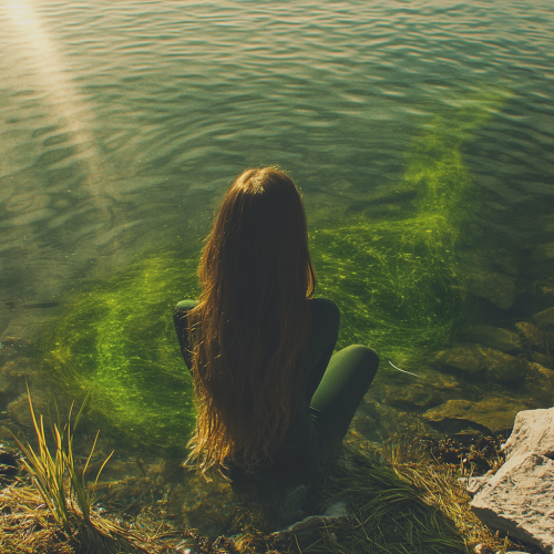Algae wrap around long-haired woman's legs by lake.