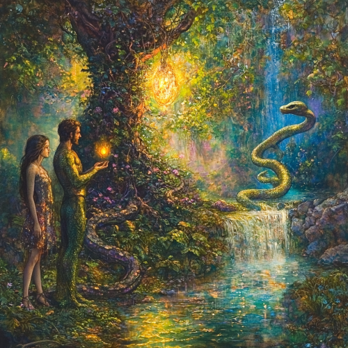 Alien Adam and Eve in Eden with mystical tree