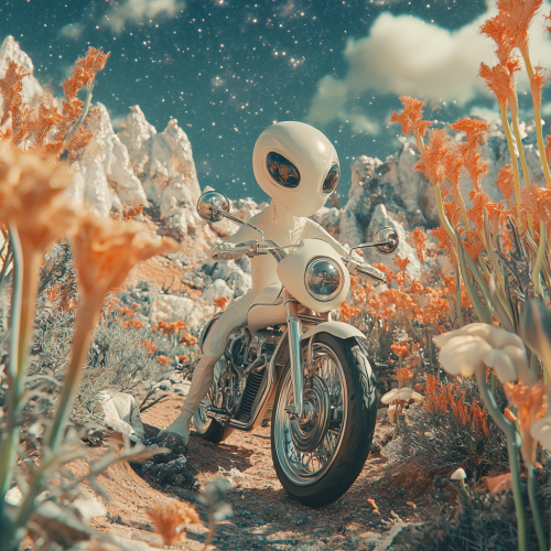 Alien Guarding Motorcycle in Extraterrestrial World