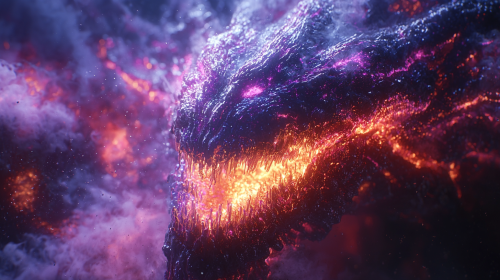 Alien Monster Made of Neon Fibers in Liquid Void