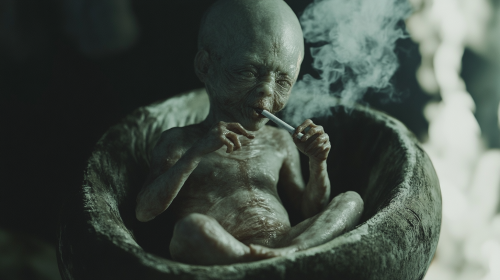 Alien baby smoking cigarette in womb, dark atmosphere.