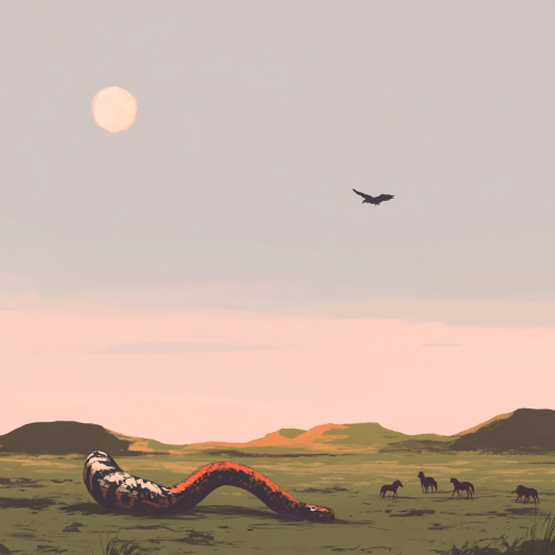 Alien planet with simultaneous sunsets and a giant snake.