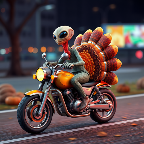 Alien riding turkey like a motorcycle on Thanksgiving.