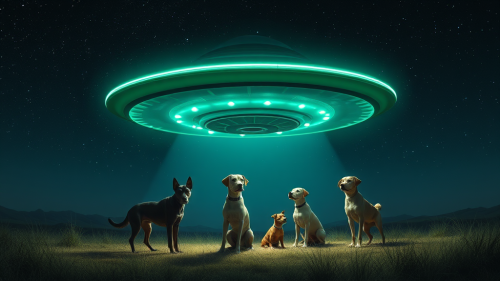 Alien spaceship surrounded by curious dogs