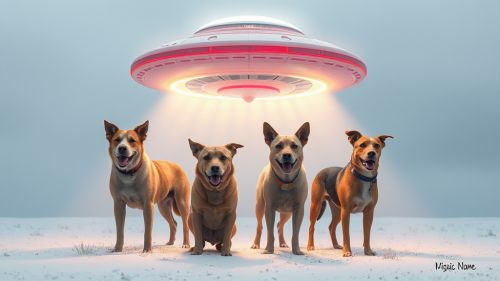Alien spaceship surrounded by playful dogs.