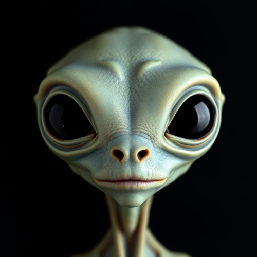 Alien with big eyes staring straight ahead.
