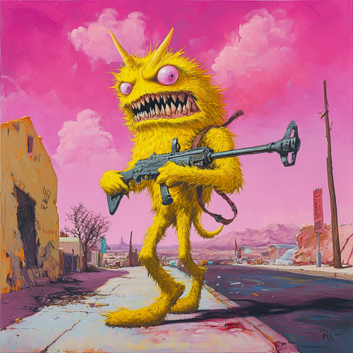 Alien with teeth and machine gun on street corner. Alien with teeth and machine gun on street corner.