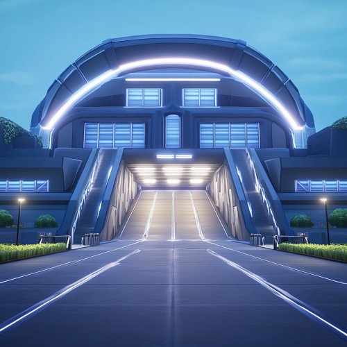 Alt text: Modern stadium entrance with Roman landscaping and lighting. Alt text: Modern stadium entrance with Roman landscaping and lighting.