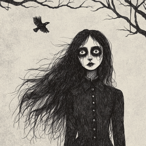 Ambiguous character in vintage shirt, eerie atmosphere