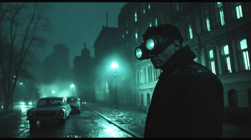 American soldier in Berlin uses futuristic night-vision goggles.