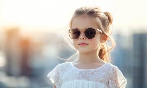 An 8-year-old girl in white dress and sunglasses, with blurred city background, in hyper-realistic photo with natural light. An 8-year-old girl in white dress and sunglasses, with blurred city background, in hyper-realistic photo with natural light.