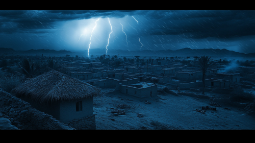 An African village around an oasis at night