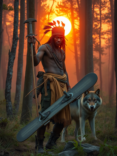 An African warrior holds skates in forest sunset.