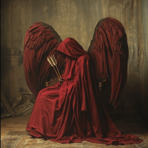 An Angel Sitting on Chair with Wings and Arrow