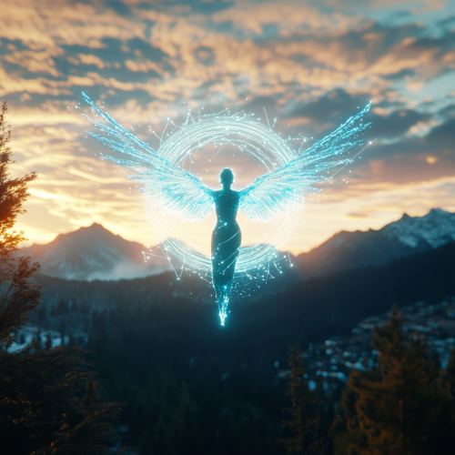 An Angelic Sunset Scene With Mountains and Trees