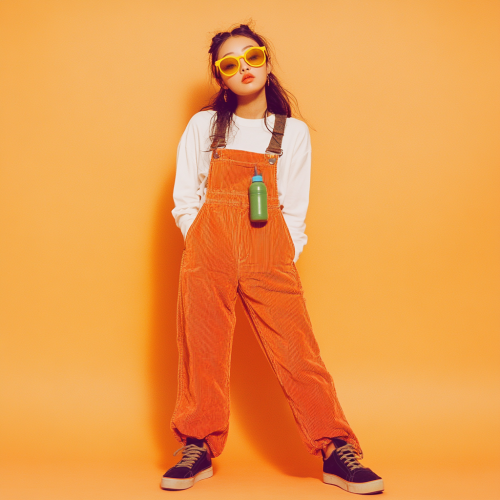 An Asian girl in bright outfit poses