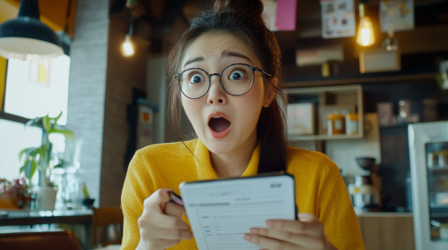 An Asian woman excitedly managing finances at cafe