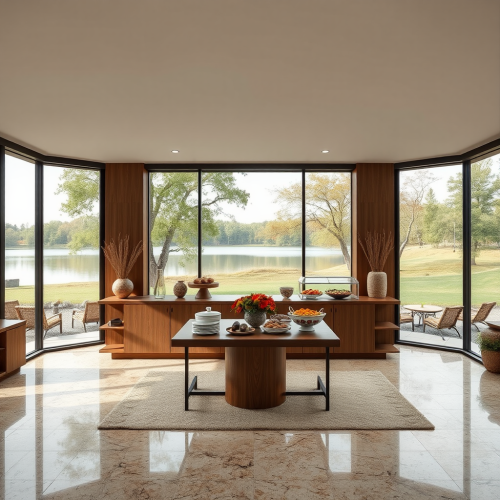 An Earth-Toned Buffet Room Overlooking a Lake