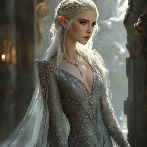 An Elegant High Elf in Dusty Heather Dress