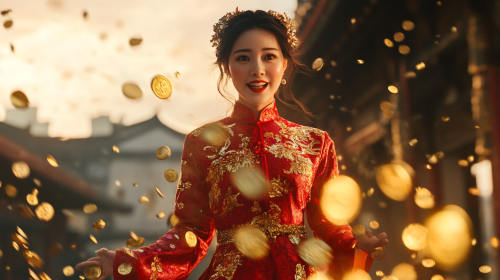 An Evil Chinese Woman in Red Dress Dancing