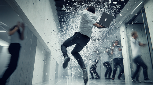 An Office Worker Smashes Laptop in Crowded Corridor