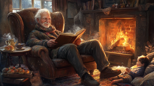 An Old Man Reading a Story by Fireplace