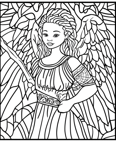 An adult coloring book page of a strong angel.