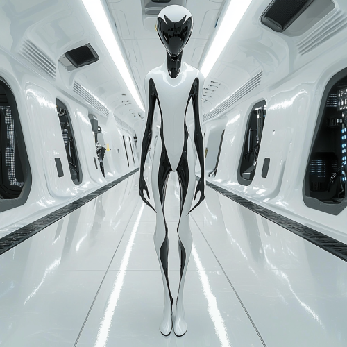 An alien with big eyes in a futuristic base