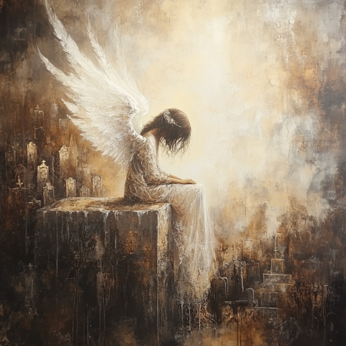 An angel sits on tombstone in cemetery