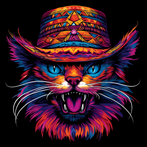 An angry cat in a bright hat on shirt