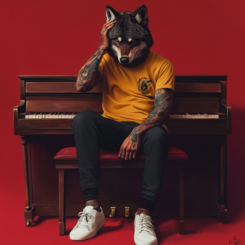 An anthropomorphic wolf wearing yellow shirt and black pants