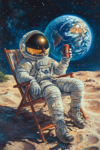 An astronaut relaxes on moon with beer