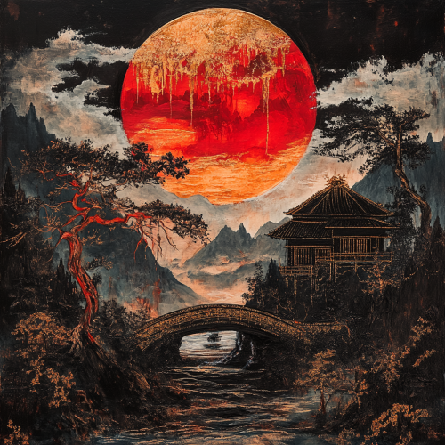 An eerie, detailed dark fantasy painting of Japan.
