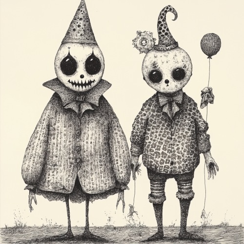 An eerie illustration of whimsical, enigmatic figures