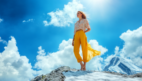 An elegant woman in summer clothes on Mount Everest