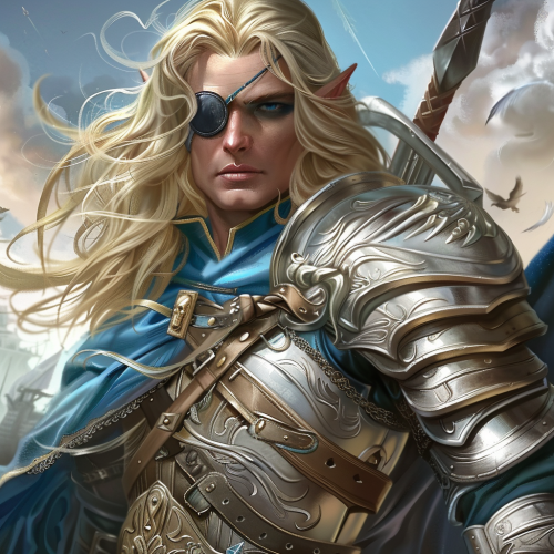 An elven god in armor, with eyepatch and cloak
