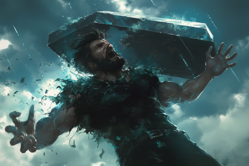 An enraged man forcefully opening a metal coffin.