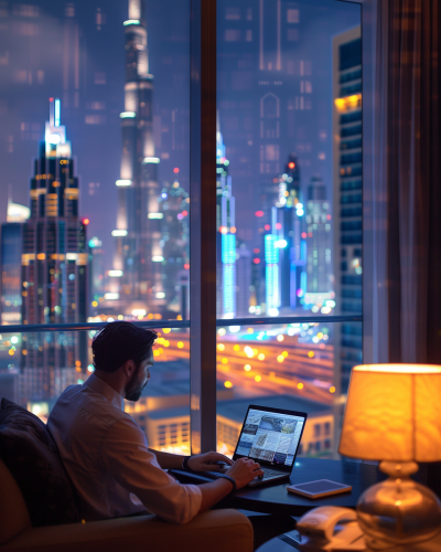 An entrepreneur working in luxurious Dubai hotel suite